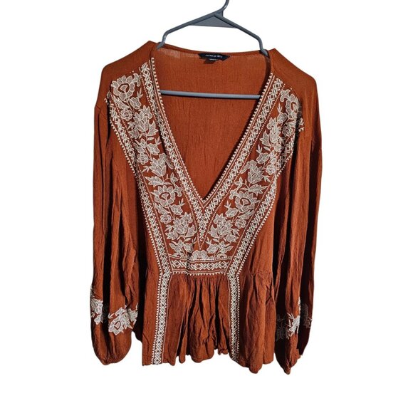 American Eagle Women’s Large Rust Embroidered Peasant Blouse Boho Top Cottage - Picture 2 of 7